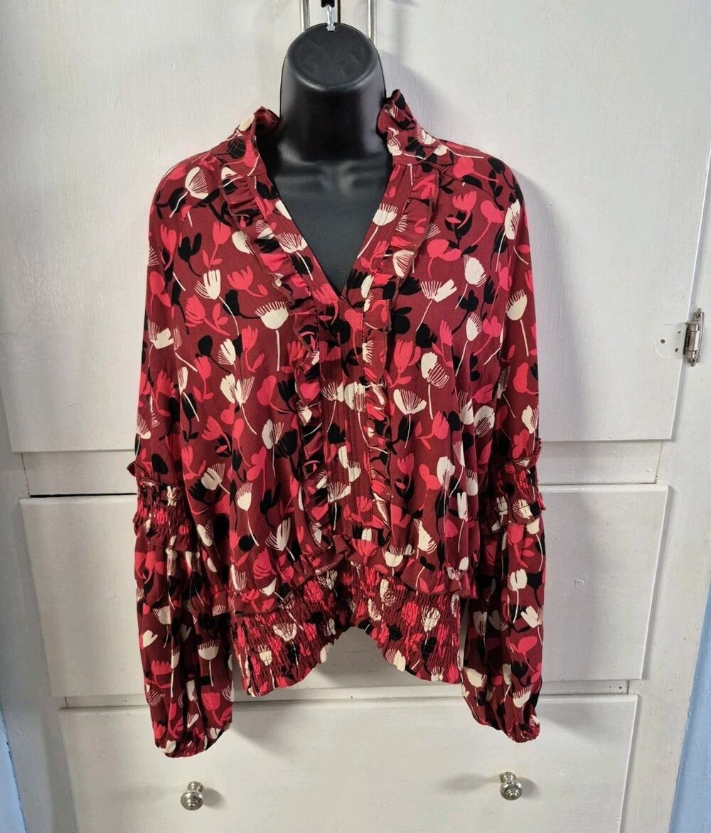 Cabi Corsage Blouse Floral Medium Red Balloon Sleeve Career Casual Smocked 4157